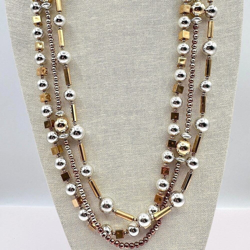 Vintage Mixed Metal Tone Multi Strand Necklace Silver Gold Chunky Beaded Layered